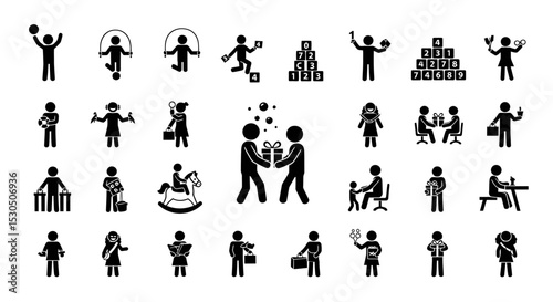 Collection of Black Silhouette Stick Figures Performing Various Activities