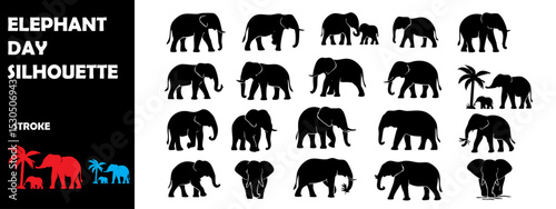 Elephant Day Silhouette Vector Set – Wildlife Conservation, Majestic Animal Icons, and Nature Awareness Graphics