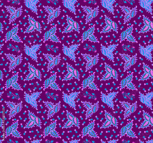 Paisley-shaped coleus leaves, tiny heart-shaped buds, branches with berries and leaves on a purple background. Seamless floral pattern. Beautiful folklore print for fabric.