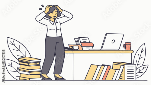 Stressed businesswoman with hands on head standing in cluttered office with laptop and books around her