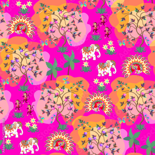 Fabulous elephants, funny monkeys, butterflies, peacocks among flowering tree...