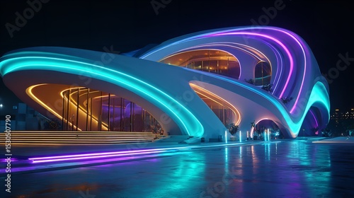 Futuristic Building with Flowing Curves Lit by Vibrant Lights.

