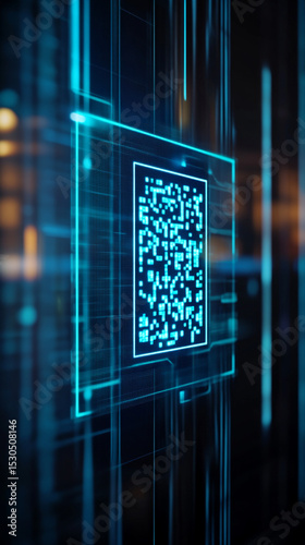 Digital QR code surrounded by glowing blue lines and data streams  