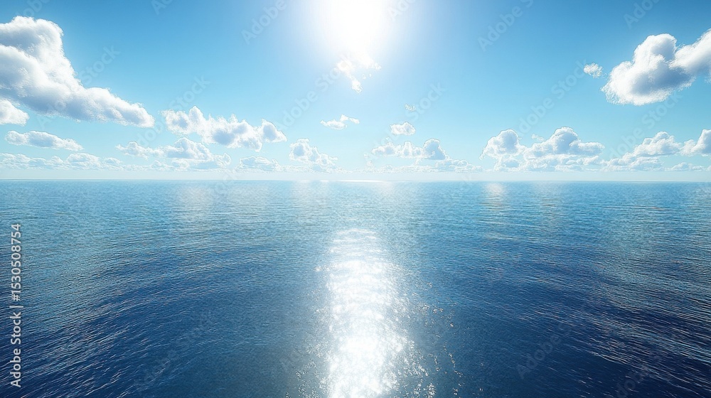Fototapeta premium Calming Blue Ocean with White Clouds and Bright Sun Shines Over Rippling Water