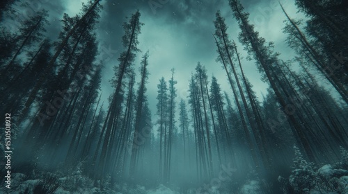 Dark Winter Forest Landscape with Snow Covered Trees and Sky