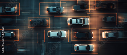 Multiple vehicles are detected on a busy urban road with clear lane markings. The image captures real-time traffic patterns during peak hours, showcasing advanced vehicle recognition technology.