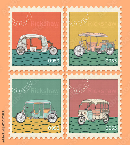 Vintage Abstract Rickshaw Postage Stamps—Colorful Asian Transport Decorative Traditional South Asian Urban Vehicles Set 