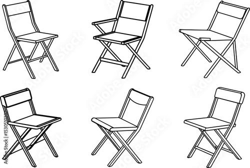 Set of Folding chair black and white outline illustrations