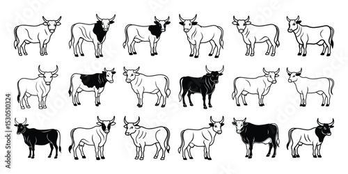 Cow breed line art silhouette set on white background  