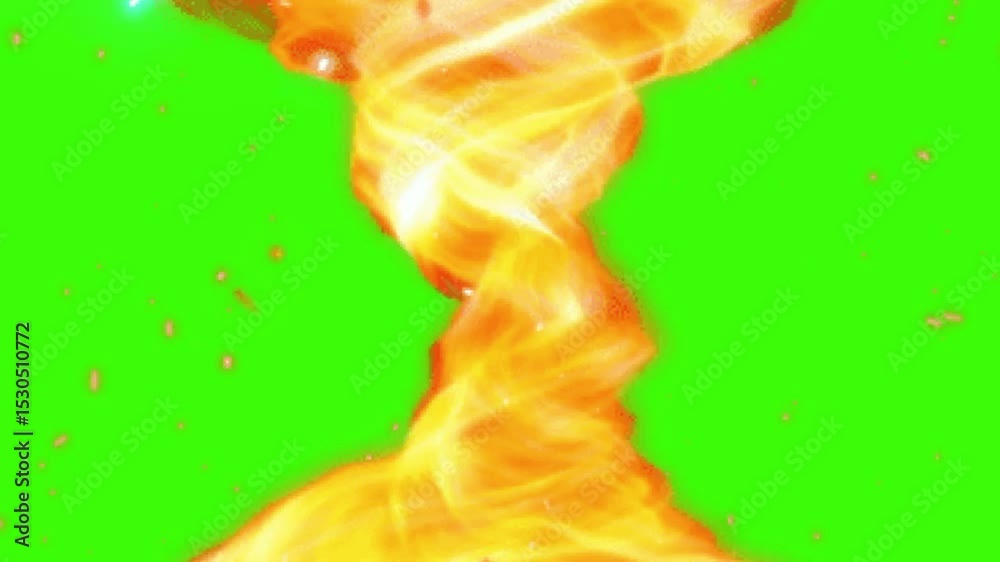 Intense fiery tornado vortex twisting over vibrant green screen, ideal for VFX and compositing projects.