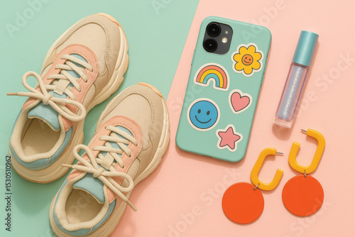  Gen Z fashion flat lay with sneakers, phone and fun accessories