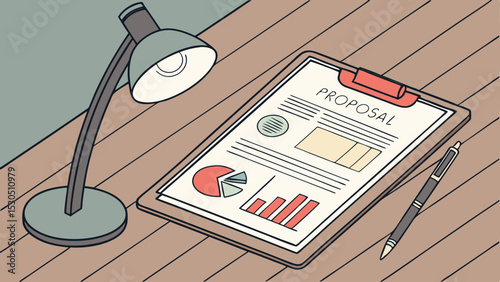 Illustration of a desk lamp illuminating a proposal document with charts and a pen on a wooden surface