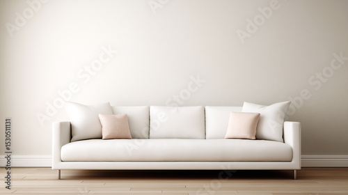 Minimalist living room featuring a modern white sofa with neutral-toned cushions against a soft beige wall. Ideal for interior design inspiration, home staging, and contemporary decor themes.