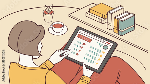 Woman using tablet with star ratings, books, plant, and tea on table in cozy interior setting illustration