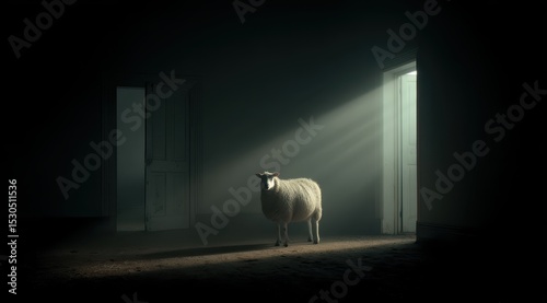 A sheep stands alone in a dimly lit room, illuminated by soft light streaming through open doors. Its presence creates a haunting yet serene atmosphere in the space