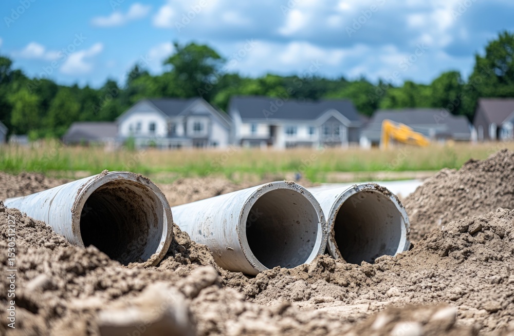 New Housing Construction Site with Drainage Pipes in the Suburbs New Housing Construction Site with Drainage Pipes in the Suburbs