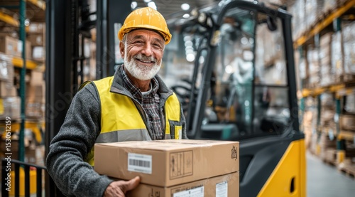 A middle-aged worker wearing a yellow vest and helmet stands in a warehouse, smiling while holding a box. The background features a forklift and shelves filled with packages