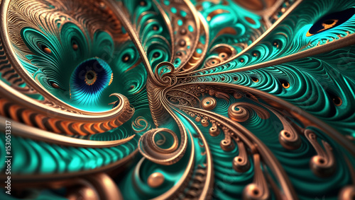 Elegant abstract illustration of a teal and gold peacock feather inspired design