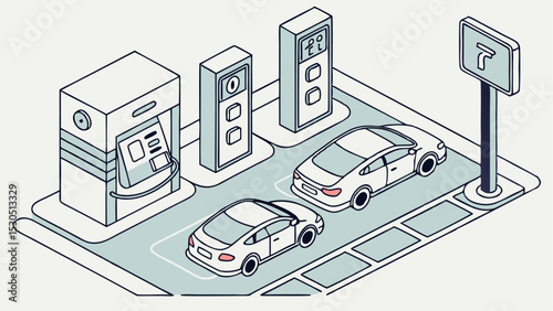 Isometric illustration of atm, parking meters, cars, and a sign on a light blue surface area