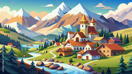 A quaint village nestled in the foothills of a majestic snow-capped mountain range.