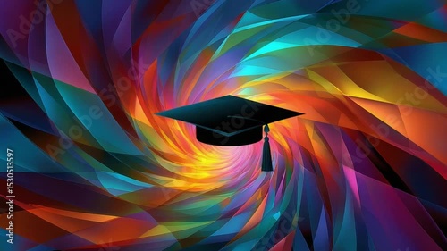 Colorful abstract background featuring a graduation cap in a swirling vortex of light