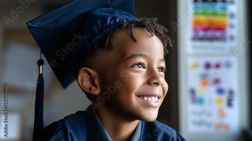 Smiling boy in graduation cap expressing joy and excitement during a ceremony in a bright classroom