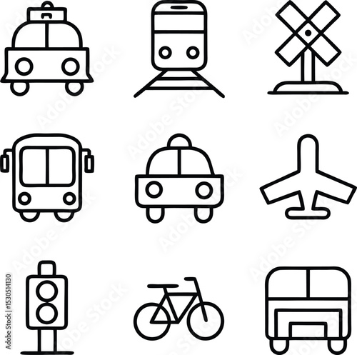 Transportation and vehicle icon set in line style vector, including car, bus, train, plane, bike, traffic signal, and more for mobility or travel themes