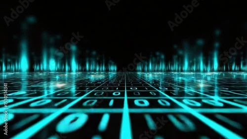 Stunning futuristic digital landscape with glowing grid and binary code in 4K resolution