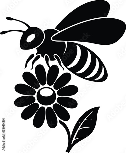 Bee pollinating a flower silhouette vector, ideal for nature, ecology, environment, springtime illustrations, gardening themes, or sustainability concepts