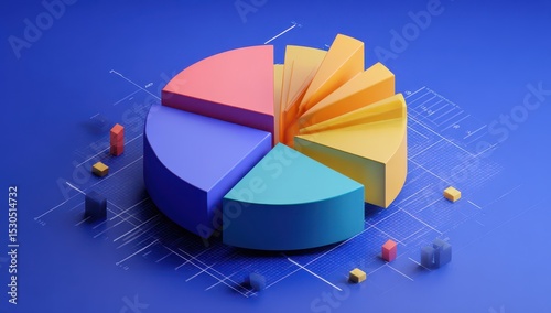 Colorful 3D pie chart on a blue background with graphic overlay