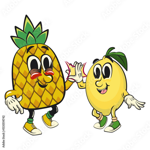 cute lemon mascot cartoon high five with cute pineapple character, fun citrus character vector for summer, work of hand drawn