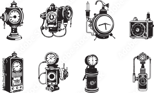 Mechanism set, retro, vintage, steampunk, cyberpunk, decorative elements. Ideal design for social media, cover, banner, flyer, music, ads.