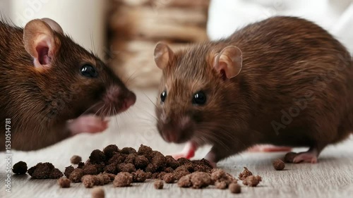 Adorable Brown Rats Eating Pellets on Wooden Surface in Multiple Charming Poses