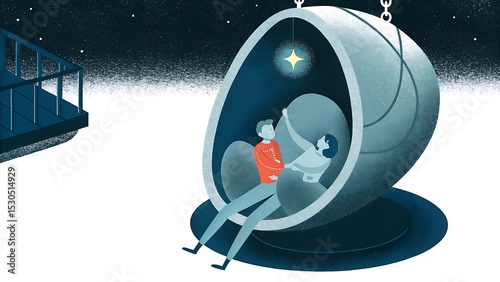 Couple in hanging chair under night sky