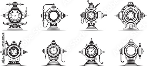 Mechanism set, retro, vintage, steampunk, cyberpunk, decorative elements. Ideal design for social media, cover, banner, flyer, music, ads.