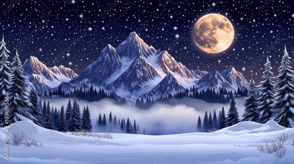 Fototapeta premium Winter Mountain Landscape with Moon and Stars Pixel Art Scene