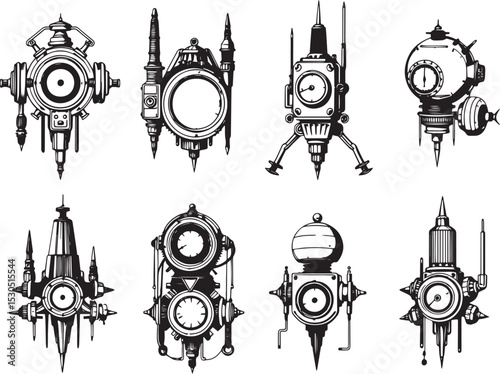 Mechanism set, retro, vintage, steampunk, cyberpunk, decorative elements. Ideal design for social media, cover, banner, flyer, music, ads.