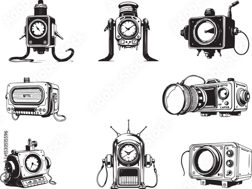 Mechanism set, retro, vintage, steampunk, cyberpunk, decorative elements. Ideal design for social media, cover, banner, flyer, music, ads.
