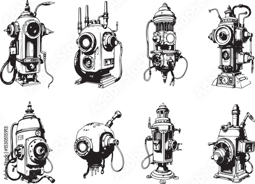 Mechanism set, retro, vintage, steampunk, cyberpunk, decorative elements. Ideal design for social media, cover, banner, flyer, music, ads.