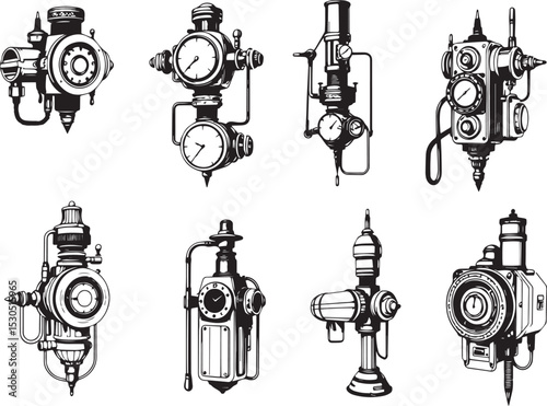 Mechanism set, retro, vintage, steampunk, cyberpunk, decorative elements. Ideal design for social media, cover, banner, flyer, music, ads.