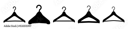 Five hangers depicted in black silhouette on white background show wardrobe options