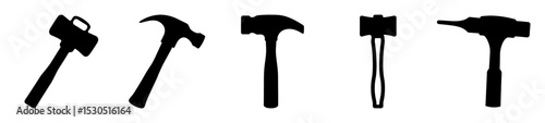 Silhouettes of various hammer types and construction tools in black and white