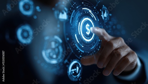 Hand interacting with holographic financial data