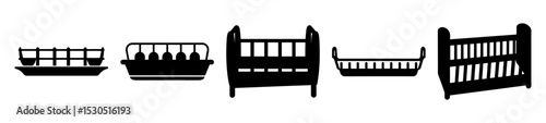 Isolated line art representations of multiple styles of baby bassinets and cribs