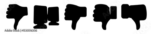 An assortment of stylized thumbs down symbols against a stark white backdrop