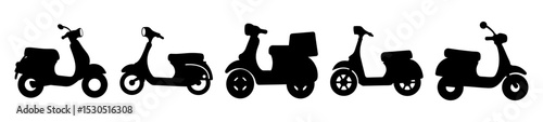 Black silhouette illustration featuring a variety of different scooter designs