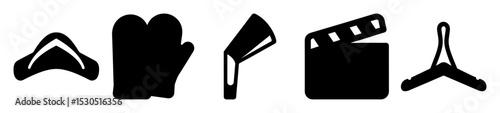 Simple Silhouette Icons representing Culinary, Film, and Garment Industry Elements