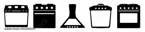 Black and White Illustration of Kitchen Appliances Featuring Ovens and Range Hood