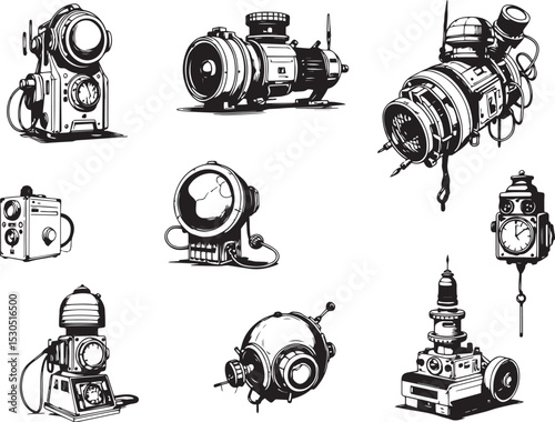 Mechanism set, retro, vintage, steampunk, cyberpunk, decorative elements. Ideal design for social media, cover, banner, flyer, music, ads.
