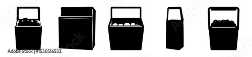 Five stylized black and white illustrations of product display refrigeration units